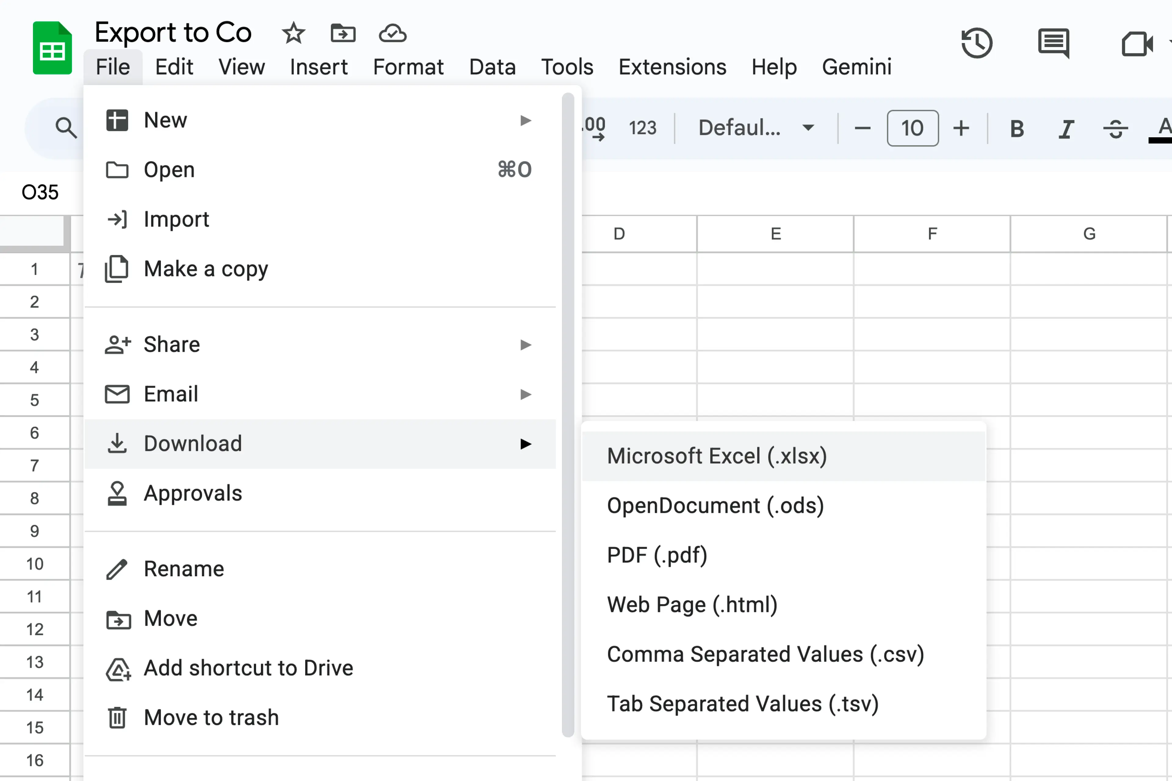 Google Sheets File menu showing Download as Microsoft Excel option